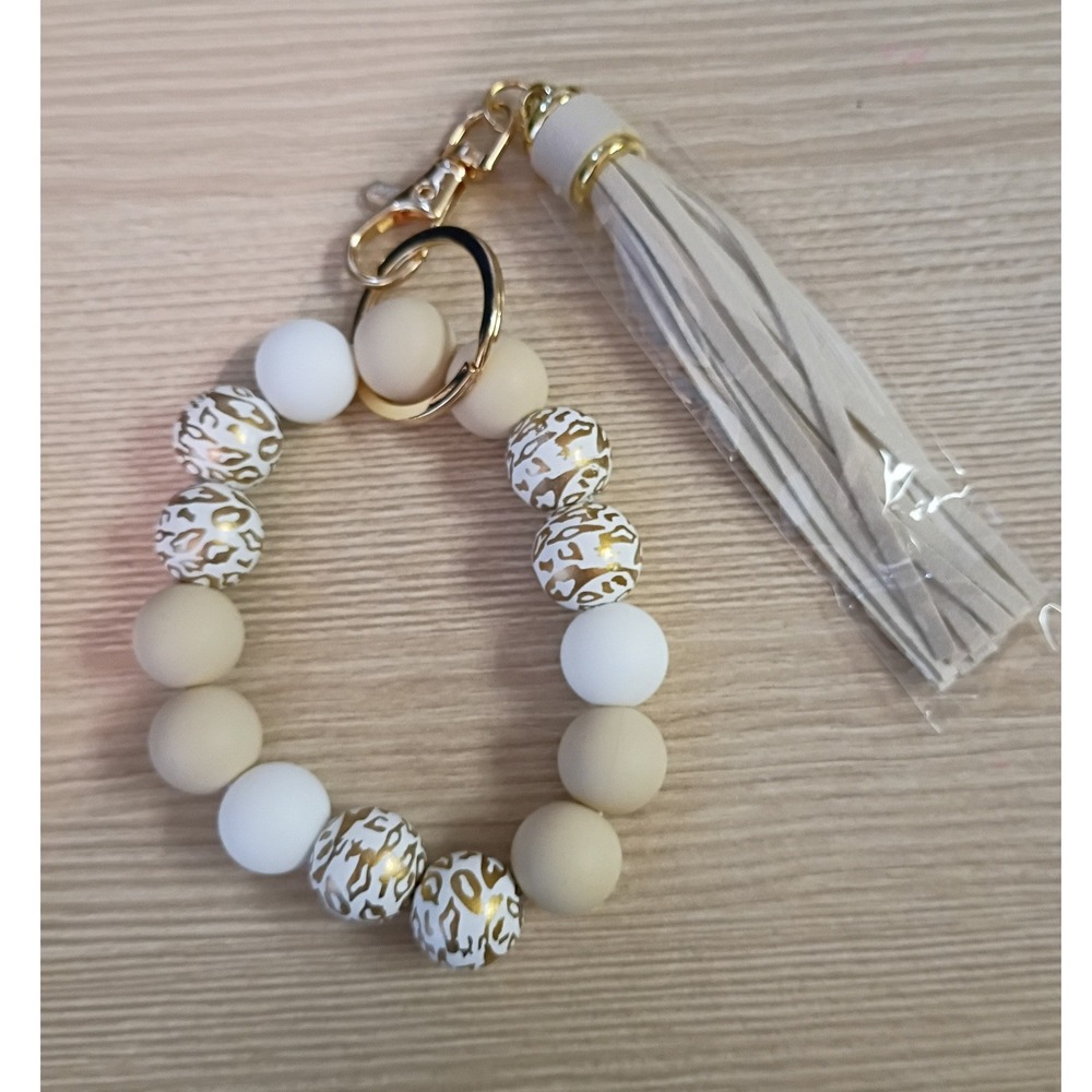 Silicone Bead Wristlet Keychain Leopard Print Tassel Gold Tone Key Ring Cream